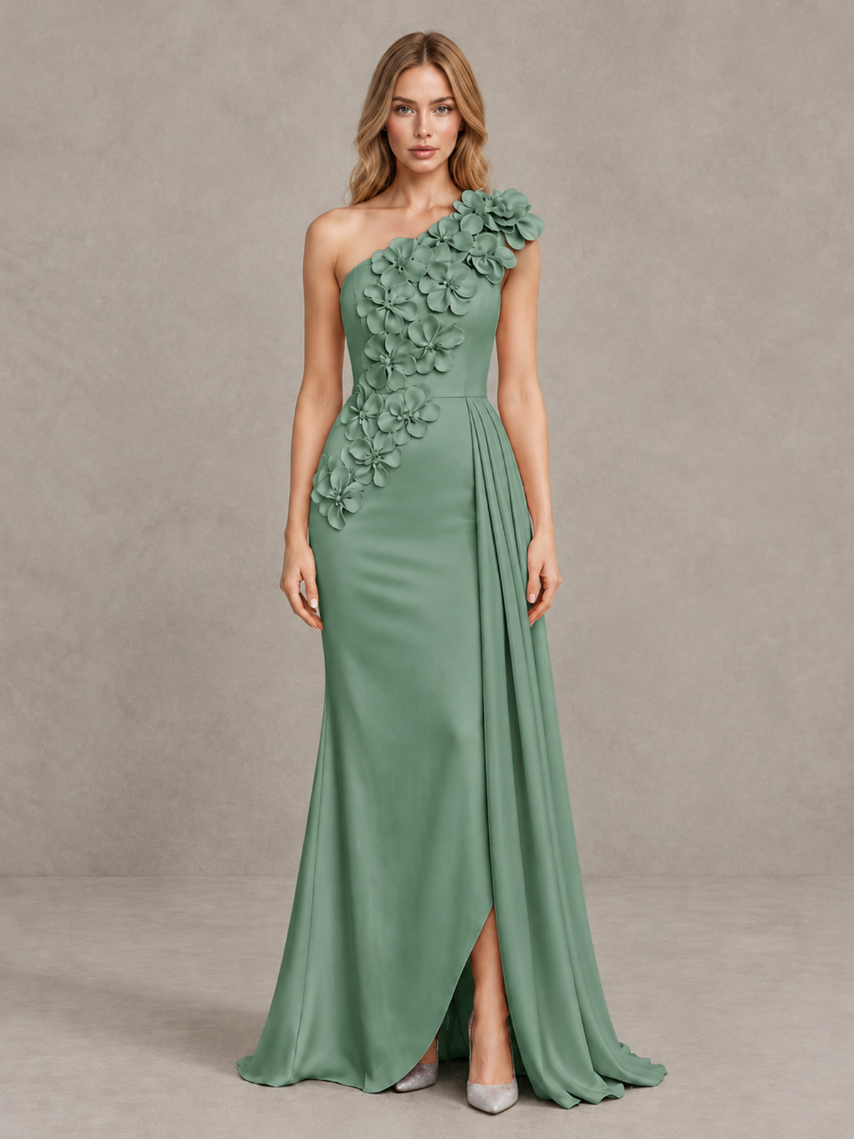 BOLODOO Eucalyptus One-Shoulder Satin Mermaid Evening Gown with 3D Floral Appliqué - Eucalyptus - Eucalyptus_1
