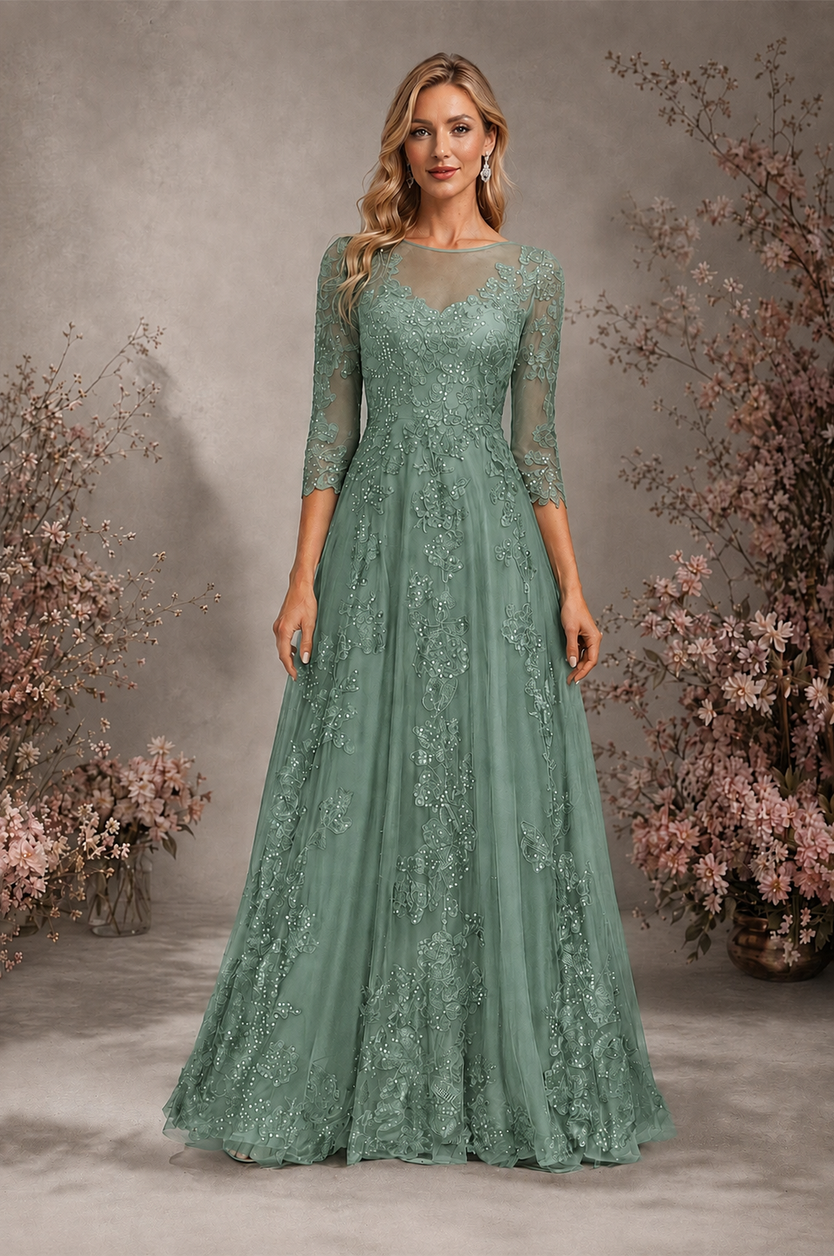 BOLODOO Eucalyptus Sequin Lace 3/4 Sleeve Open Back Formal Evening Gown - Eucalyptus