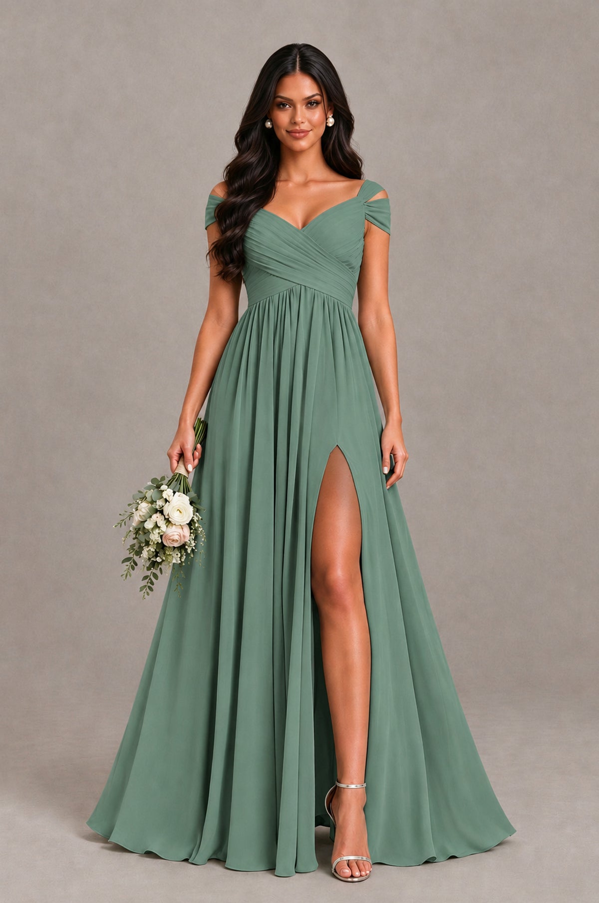 BOLODOO Eucalyptus Cold Shoulder Chiffon Evening Dress with V Neck and High Slit - Eucalyptus - Eucalyptus_1