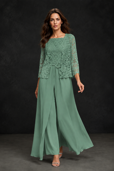 BOLODOO Eucalyptus Grey Lace Peplum Top & Wide-Leg Chiffon Pants Set | Mother of the Bride & Formal Evening Outfit - Eucalyptus