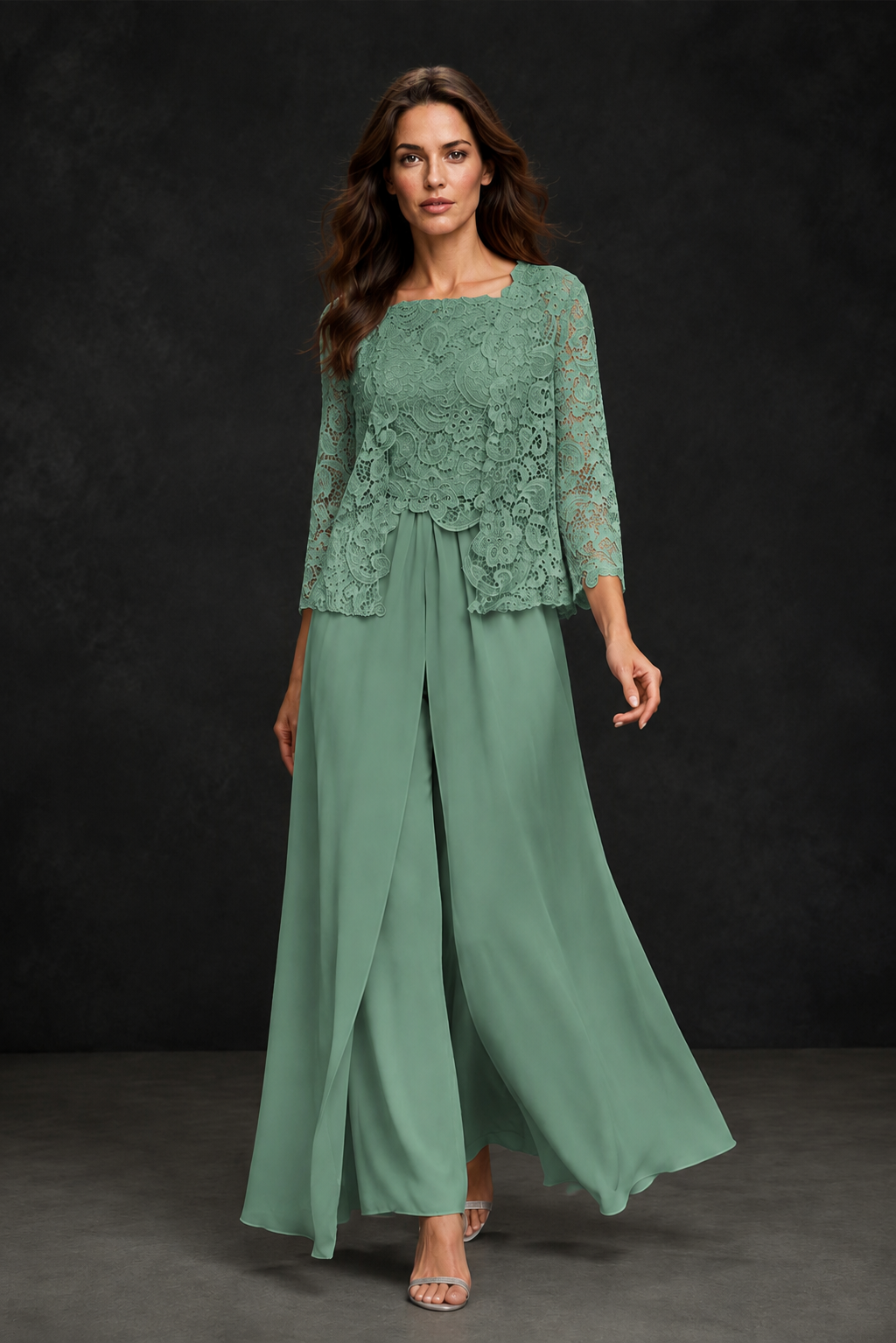 BOLODOO Eucalyptus Grey Lace Peplum Top & Wide-Leg Chiffon Pants Set | Mother of the Bride & Formal Evening Outfit - Eucalyptus