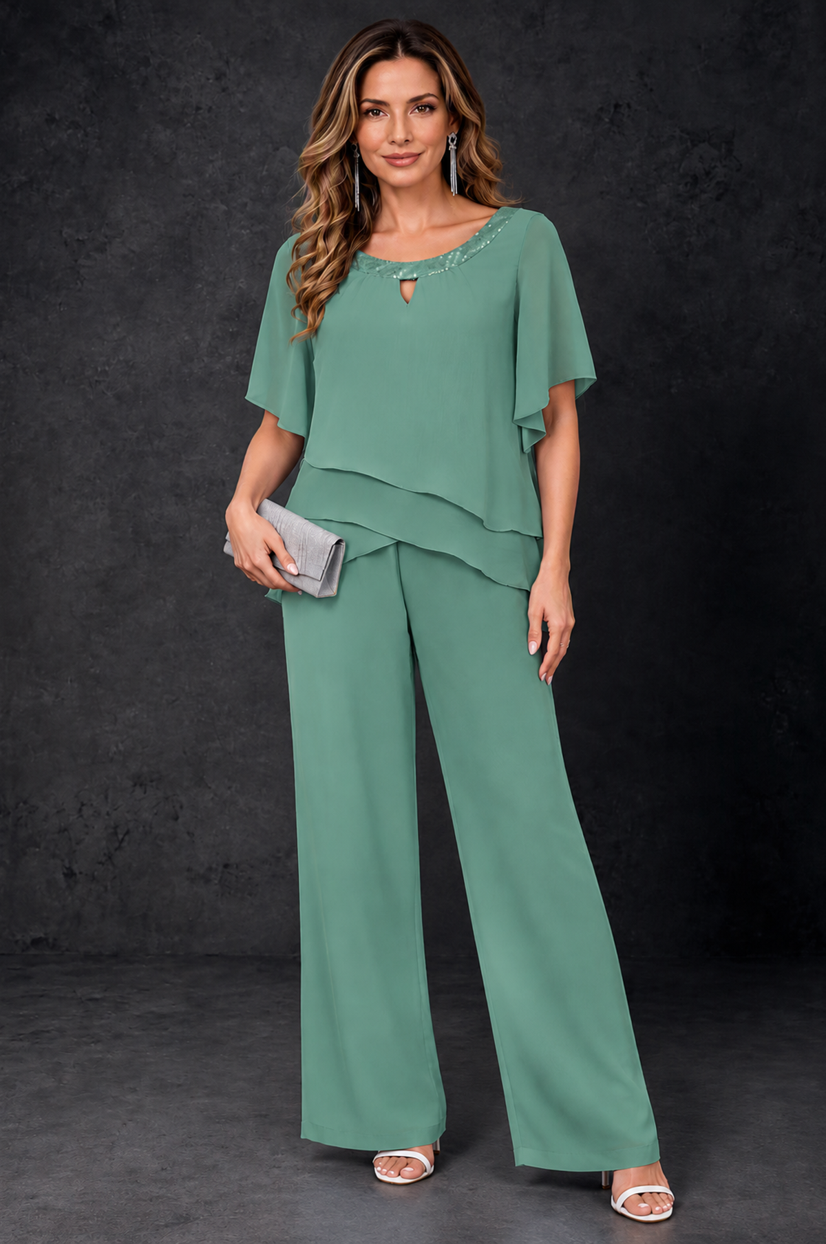 BOLODOO Eucalyptus Layered Chiffon-Look Mother of the Bride Pantsuit - Eucalyptus - Eucalyptus_1