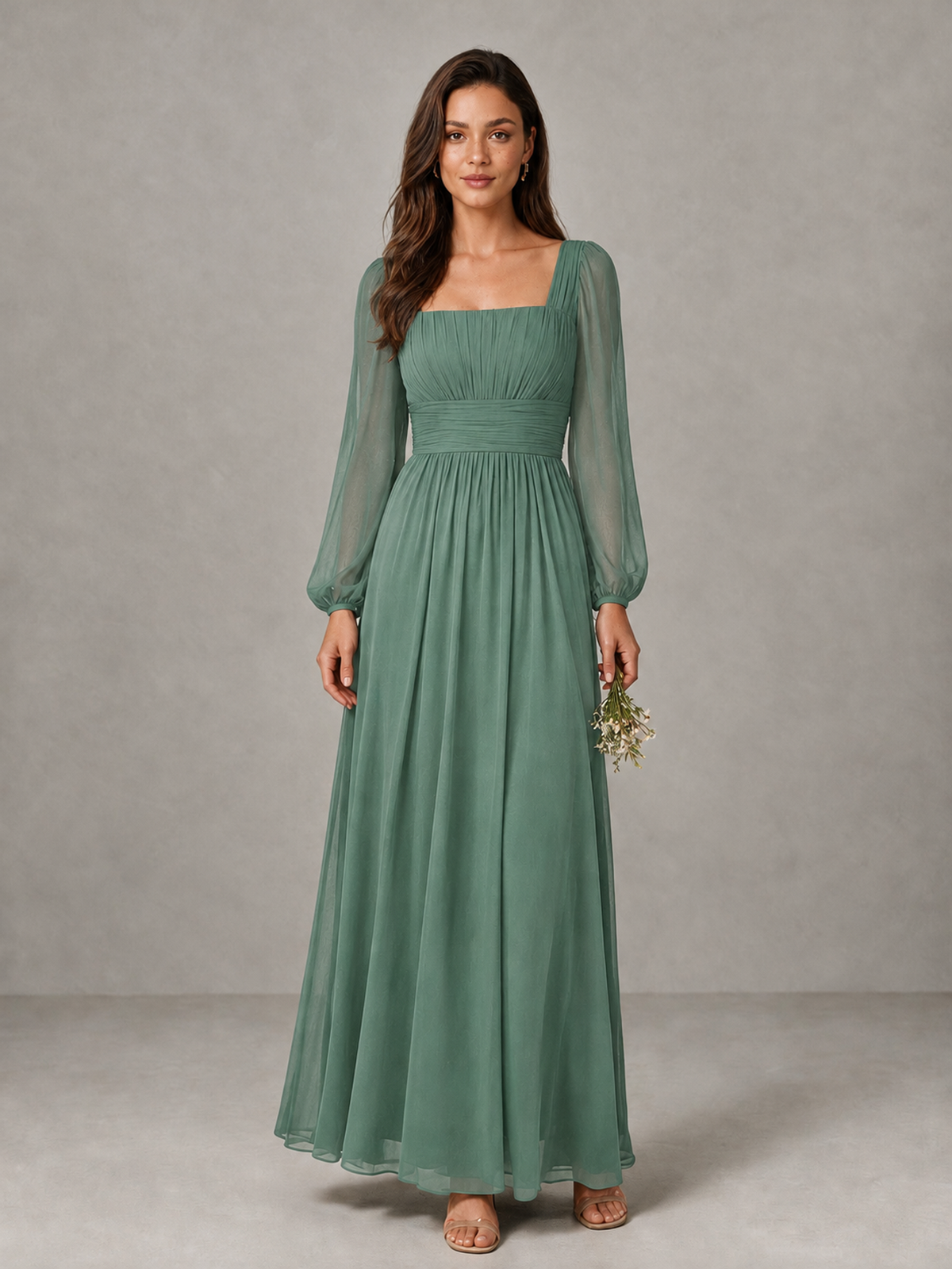 BOLODOO Eucalyptus Square Neck Long Sleeve Chiffon Bridesmaid Dress - Eucalyptus - Eucalyptus_1