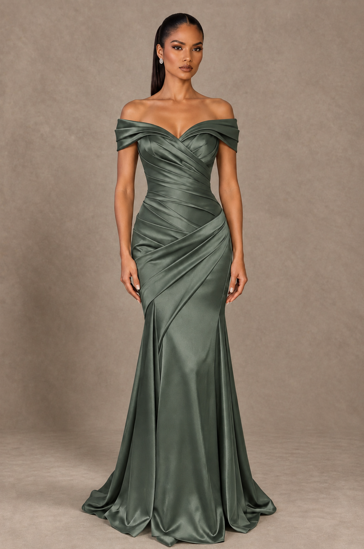 BOLODOO Eucalyptus Off-the-Shoulder Ruched Satin Mermaid Evening Dress - Eucalyptus - Eucalyptus_1
