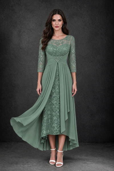 BOLODOO Eucalyptus Sequin Lace & Chiffon Tea-Length Mother of the Bride Dress with 3/4 Sleeves - Eucalyptus - Eucalyptus_1
