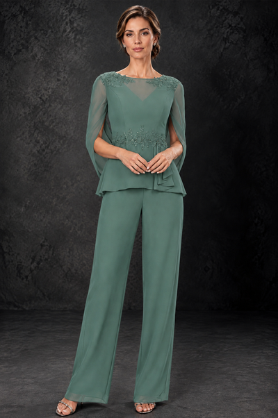 BOLODOO Eucalyptus Embellished Cape Sleeve Mother of the Bride Pantsuit - Eucalyptus - Eucalyptus_1