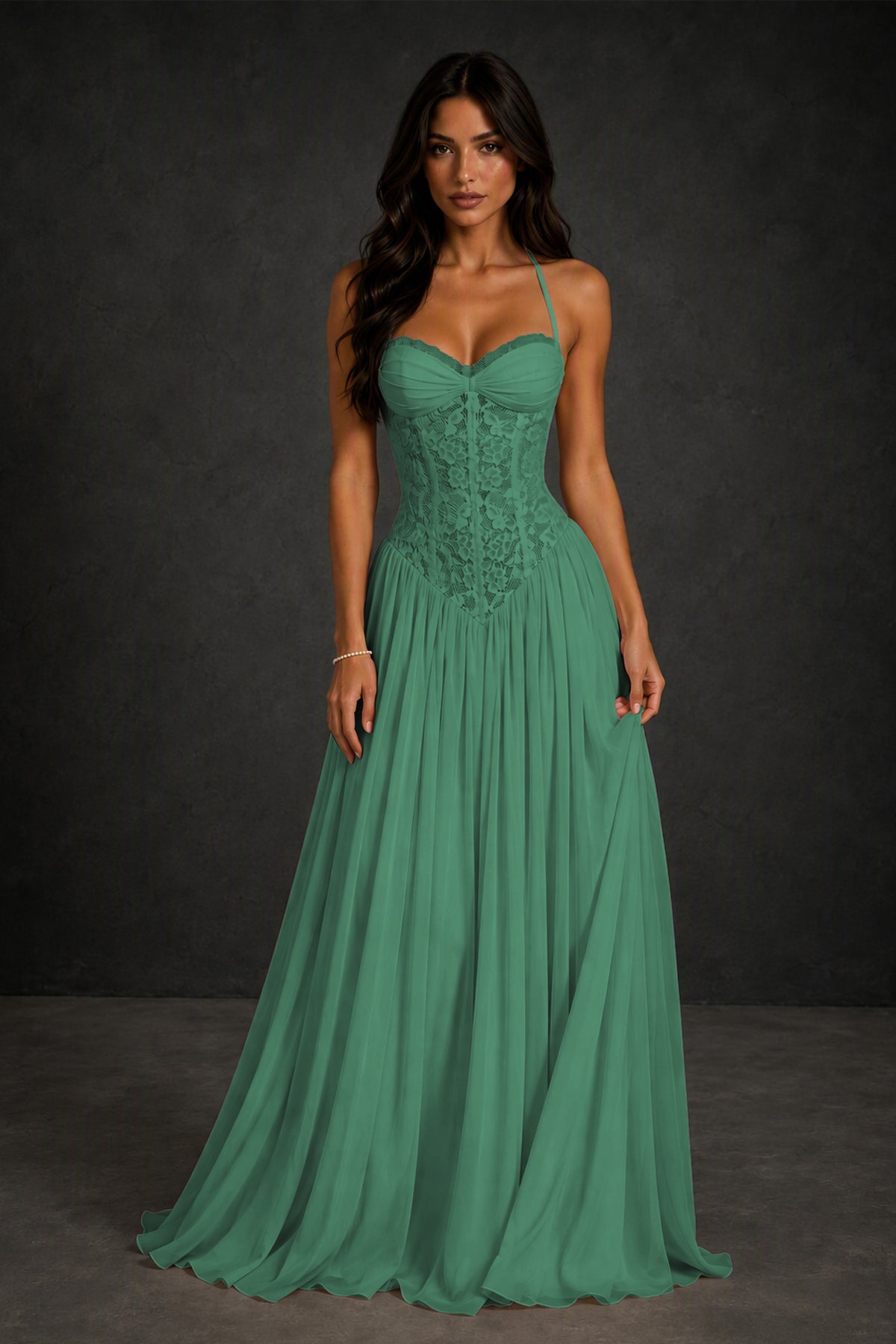 BOLODOO Eucalyptus Lace Corset Halter Maxi Gown – Backless A-Line Formal Dress - Eucalyptus