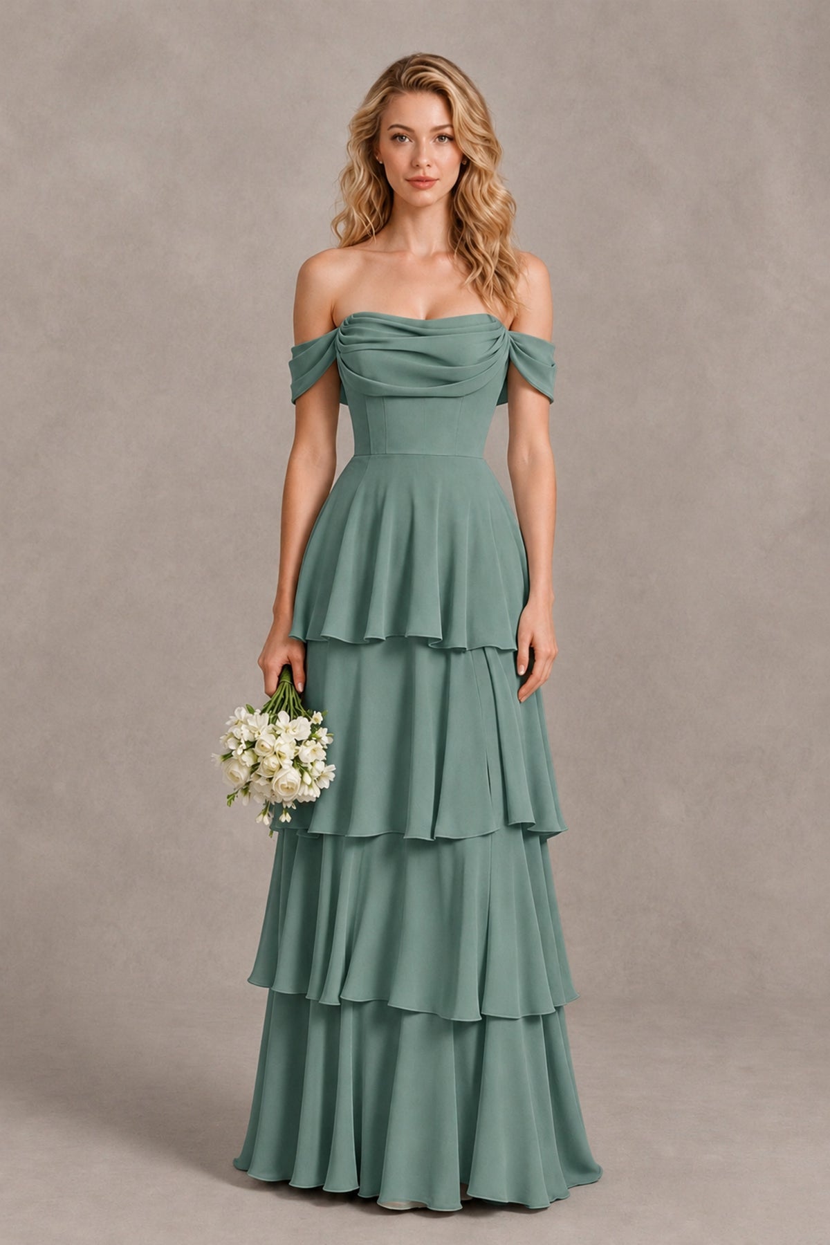 BOLODOO Eucalyptus Off-the-Shoulder Tiered A-Line Evening Bridesmaid Dress - Eucalyptus - Eucalyptus_1
