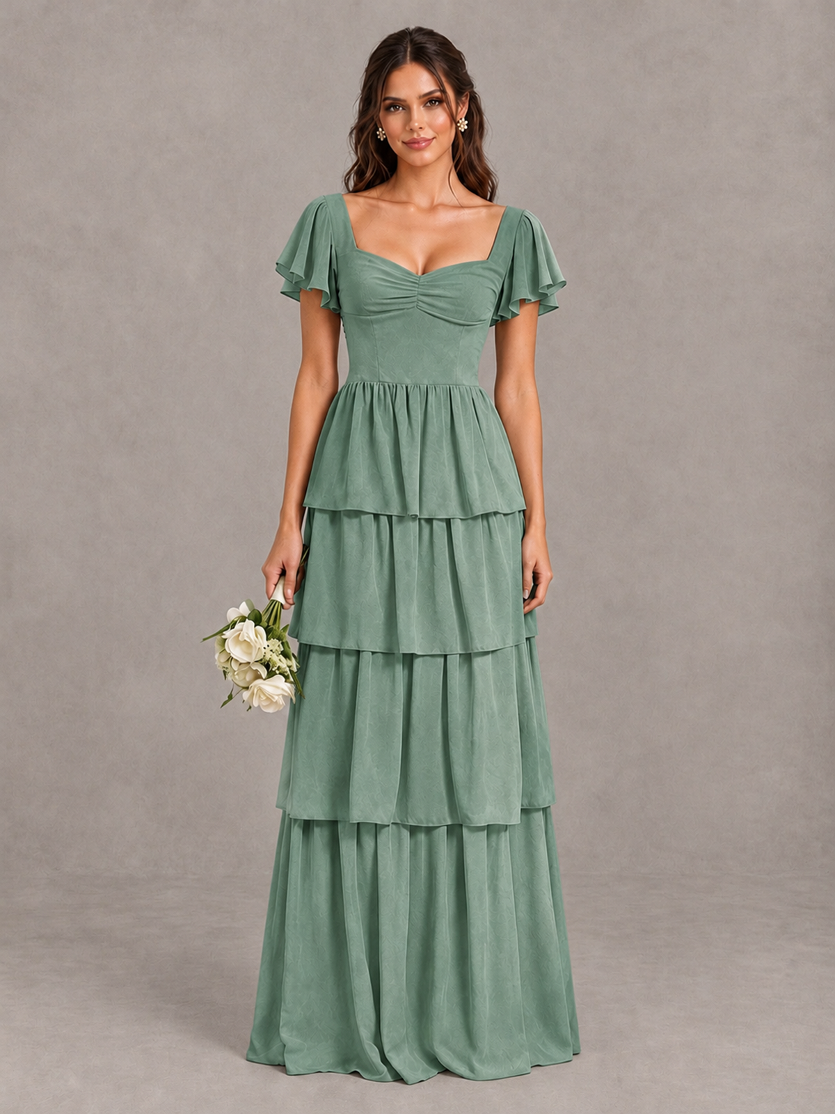 BOLODOO Eucalyptus Flutter Sleeve Tiered Maxi Bridesmaid Dress - Eucalyptus - Eucalyptus_1
