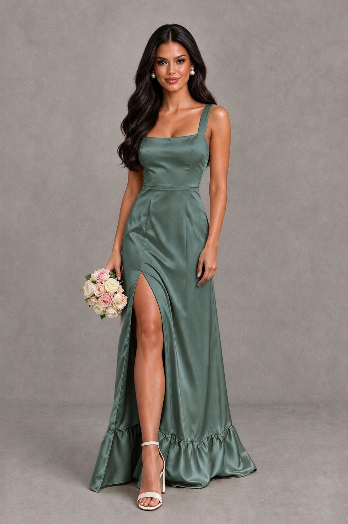BOLODOO Eucalyptus Square Neck Satin Evening Dress with Lace-Up Back and High Slit - Eucalyptus - Eucalyptus_1