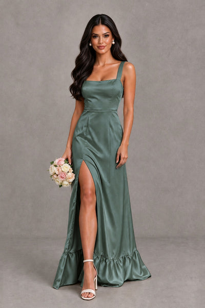 BOLODOO Eucalyptus Square Neck Satin Evening Dress with Lace-Up Back and High Slit - Eucalyptus - Eucalyptus_1