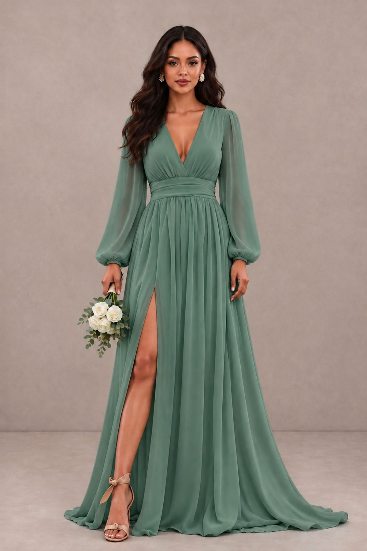 BOLODOO Eucalyptus Long Sleeve V-Neck A-Line Gown with Open Back & Slit - Eucalyptus - Eucalyptus_1