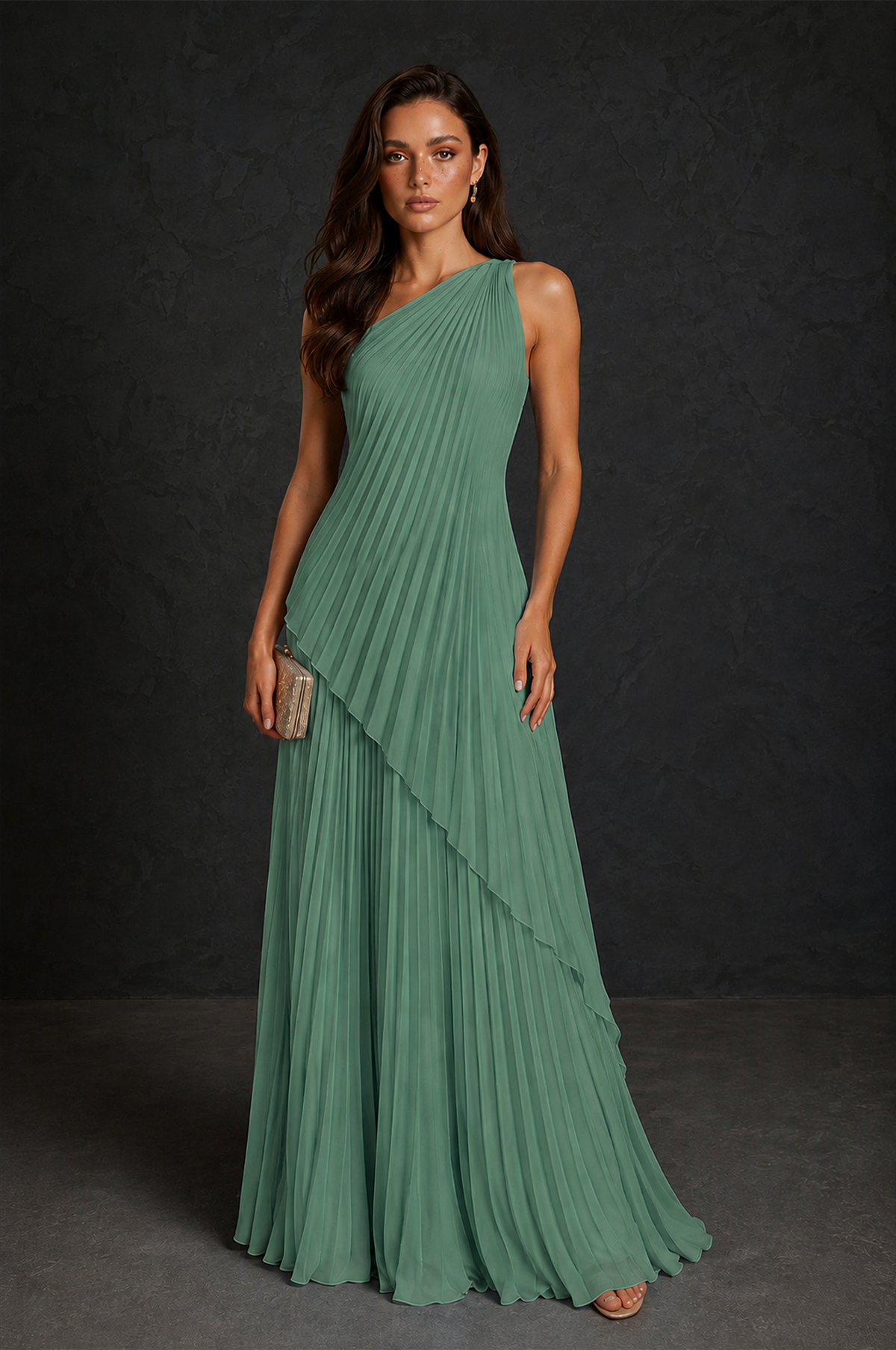 BOLODOO Eucalyptus One-Shoulder Sunburst Pleated Asymmetric Layered Overlay Accordion Pleated Chiffon Maxi Dress - Eucalyptus