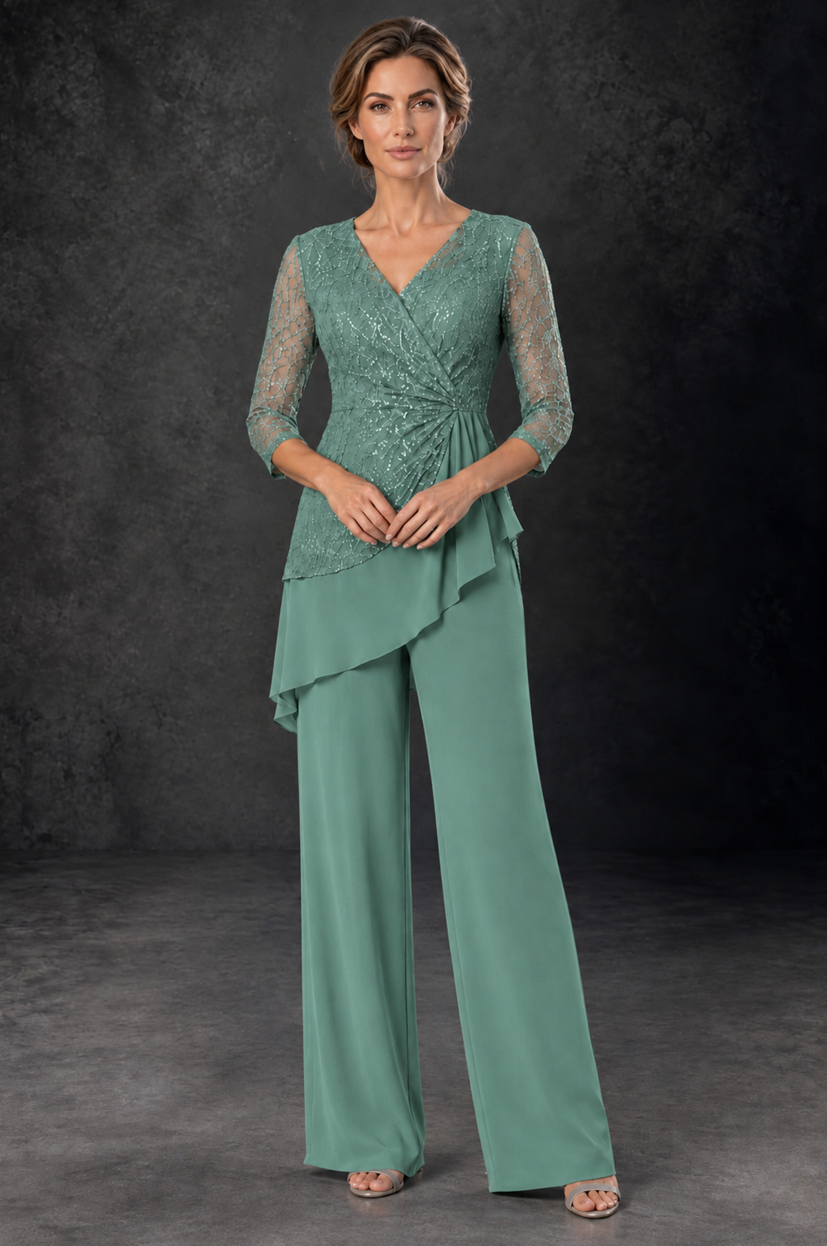 BOLODOO Eucalyptus Sequin Lace 3/4 Sleeve Chiffon Mother of the Bride Pant Suit - Eucalyptus - Eucalyptus_1