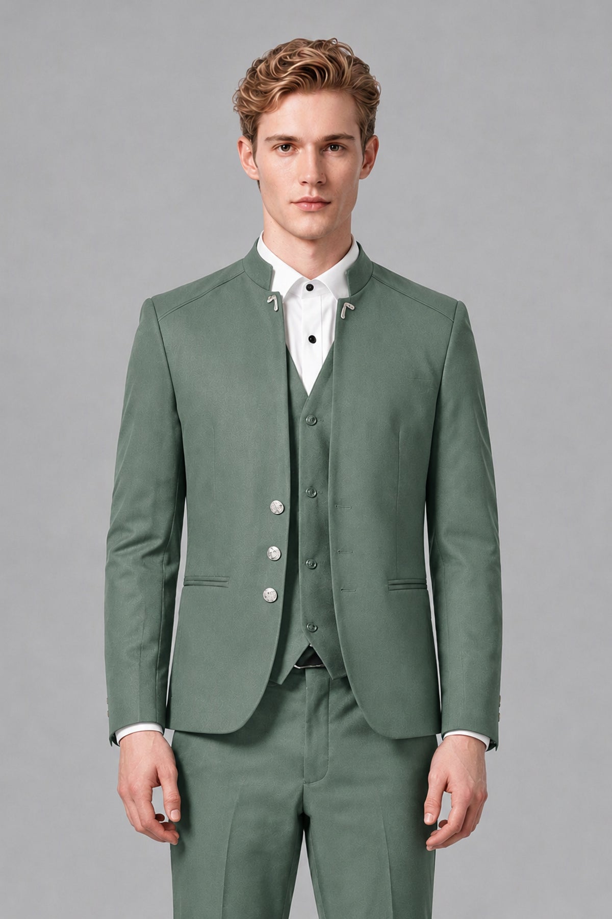Bolodoo Men's Eucalyptus Mandarin Collar 3-Piece Suit – Jacket, Vest & Trousers - Eucalyptus - Eucalyptus_1
