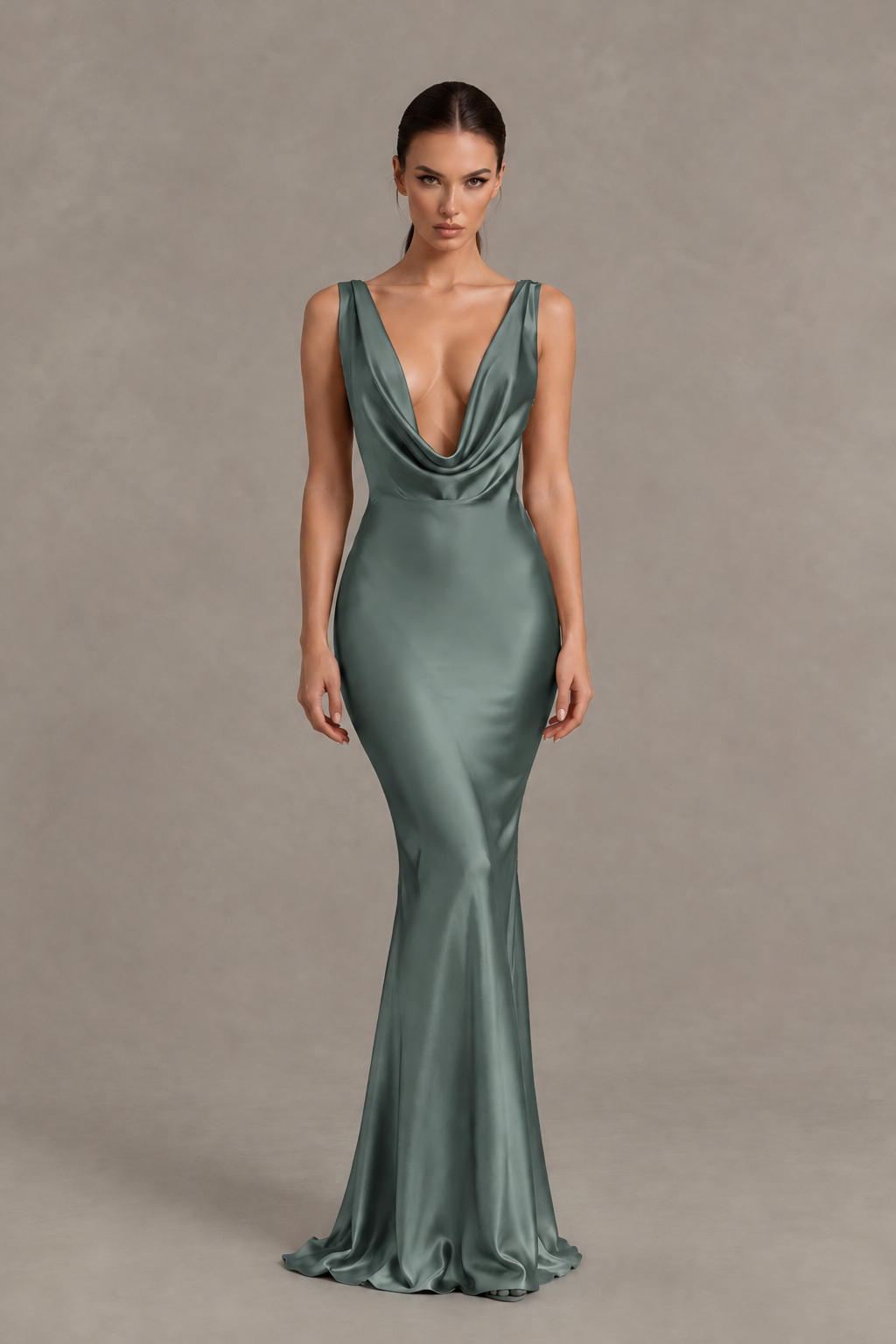 BOLODOO Eucalyptus Cowl Neck Backless Satin Mermaid Evening Dress - Eucalyptus - Eucalyptus_1
