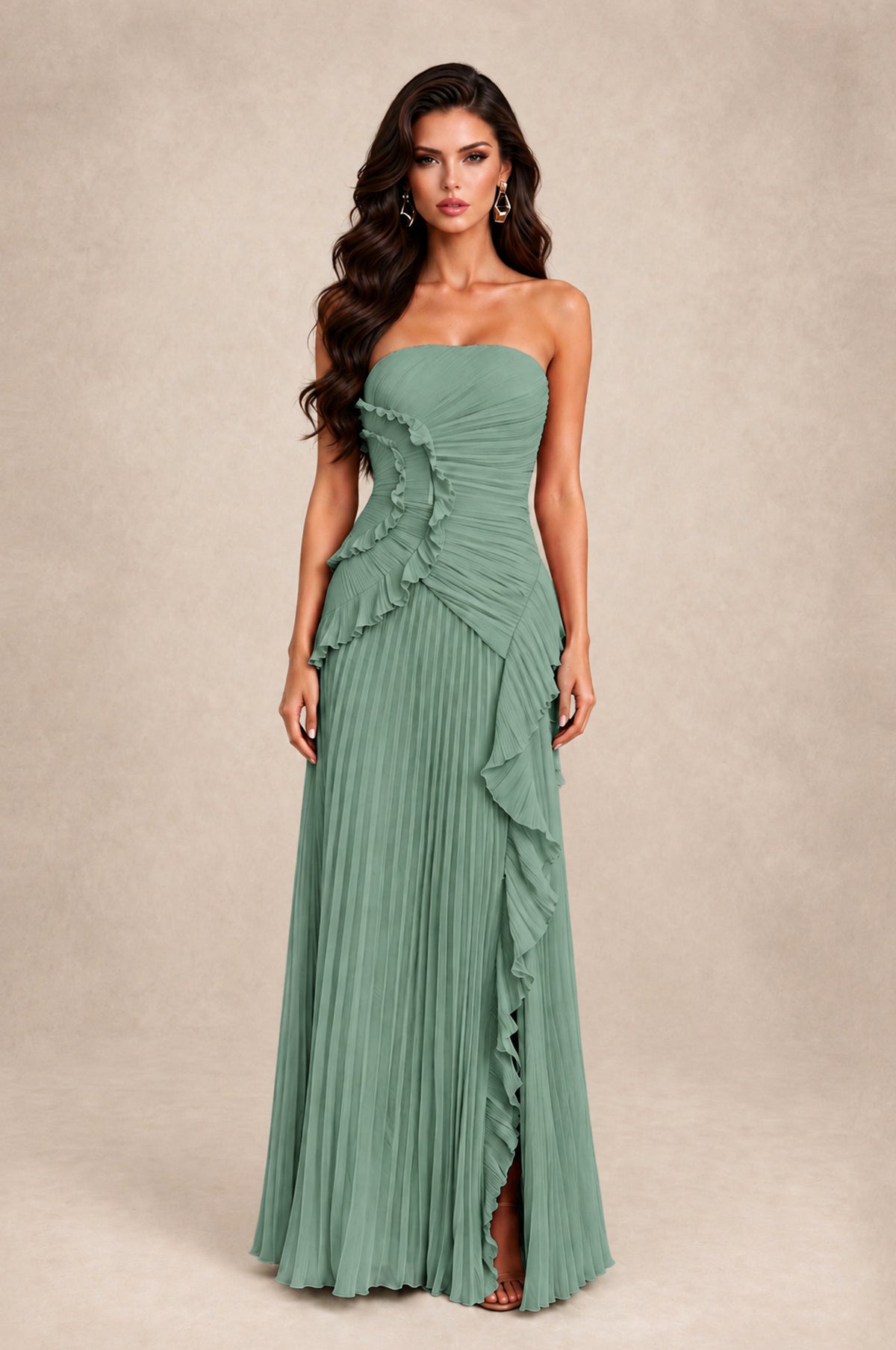 BOLODOO Eucalyptus Strapless Ruffle Pleated Slit Evening Gown - Eucalyptus - Eucalyptus_1