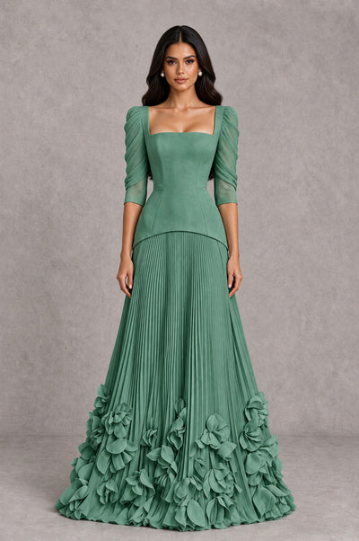 BOLODOO Eucalyptus Square Neck Pleated Floral Applique Evening Dress - Eucalyptus - Eucalyptus_1