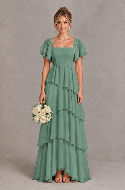 BOLODOO Eucalyptus Square Neck Flutter Sleeve Tiered Chiffon Bridesmaid Dress with Lace-Up Back - Eucalyptus - Eucalyptus_1