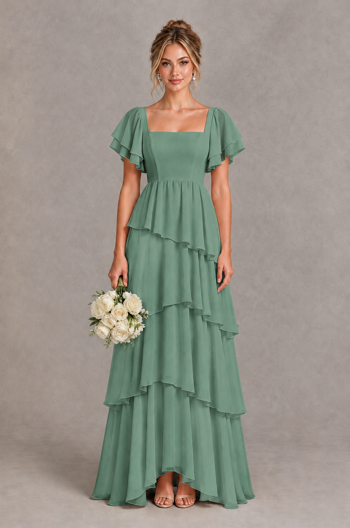 BOLODOO Eucalyptus Square Neck Flutter Sleeve Tiered Chiffon Bridesmaid Dress with Lace-Up Back - Eucalyptus - Eucalyptus_1