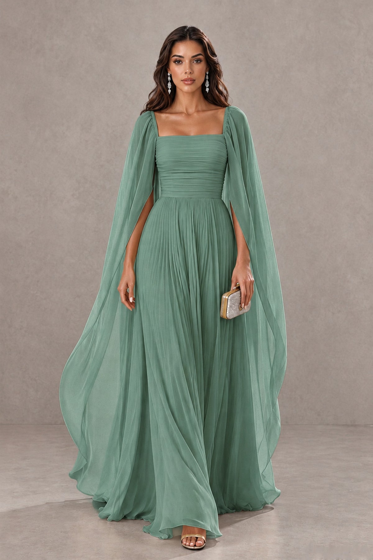 BOLODOO Eucalyptus Square Neck Cape Sleeve A-Line Evening Dress - Eucalyptus - Eucalyptus_1