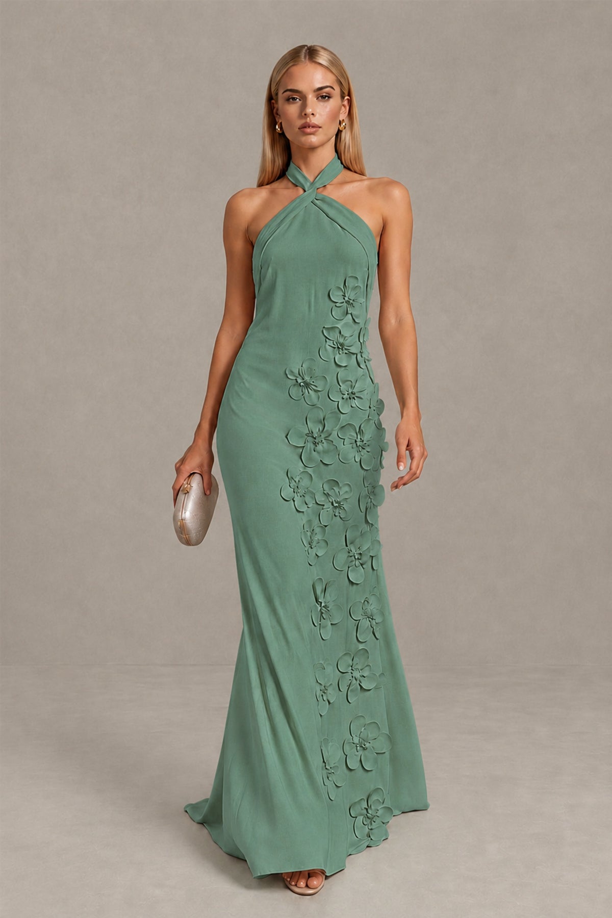 BOLODOO Eucalyptus Cross Halter Neck 3D Floral Appliqué Backless Mermaid Maxi Gown - Eucalyptus - Eucalyptus_1