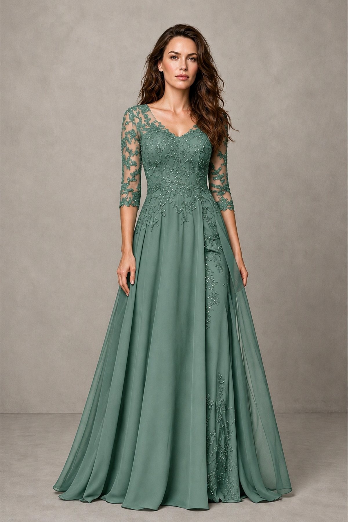 BOLODOO Midnight Eucalyptus Beaded Lace Appliqué Chiffon A-Line Gown | Mother of the Bride & Formal Evening Dress - Eucalyptus - Eucalyptus_1