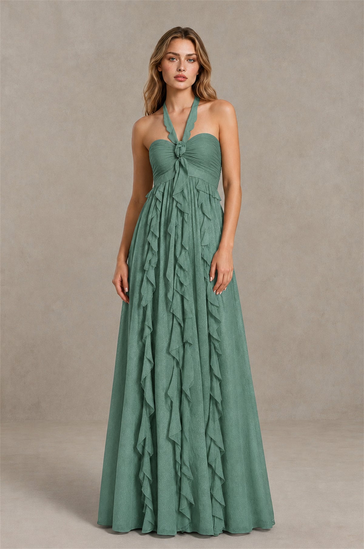 BOLODOO Eucalyptus Halter Ruffle A-Line Floor-Length Evening Dress - Eucalyptus - Eucalyptus_1
