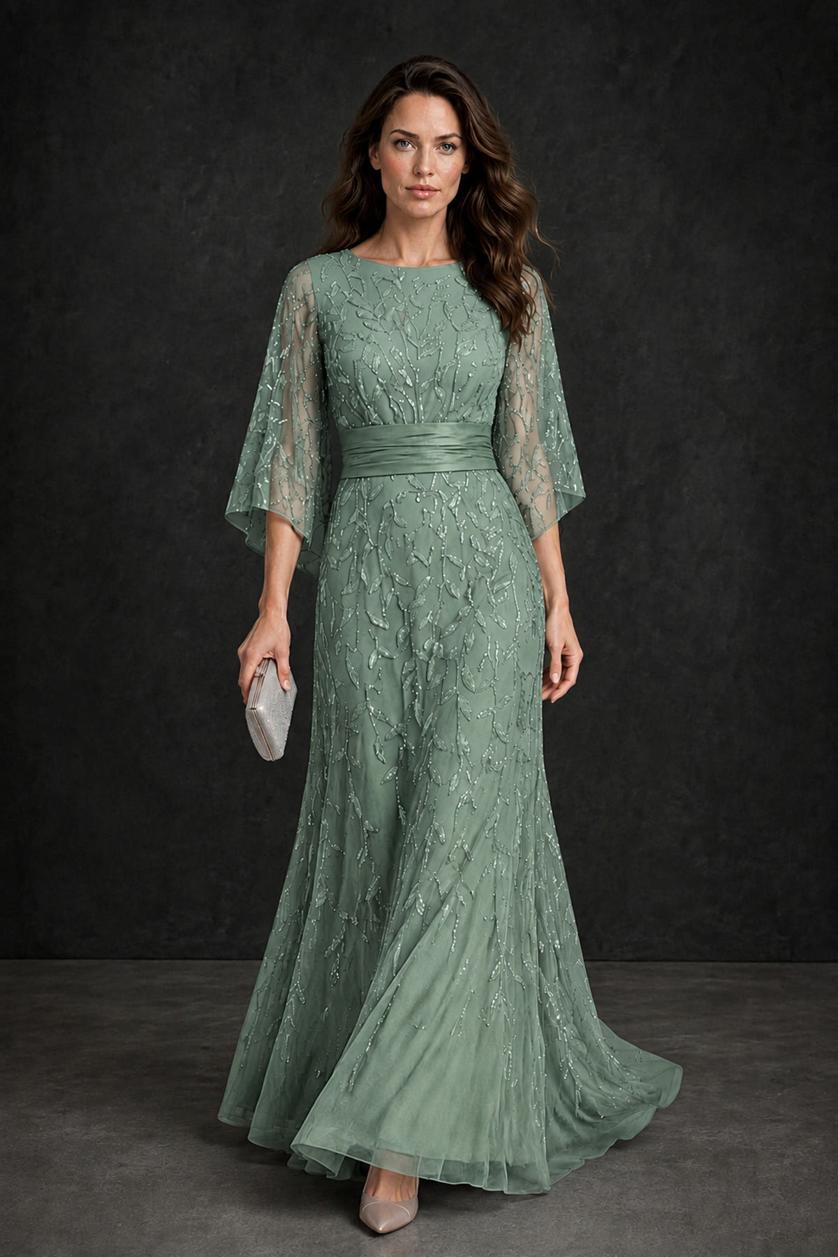 BOLODOO Eucalyptus Bateau Neck Bell Sleeve Sequin Embroidered Satin Waist A-Line Maxi Dress - Eucalyptus - Eucalyptus_1