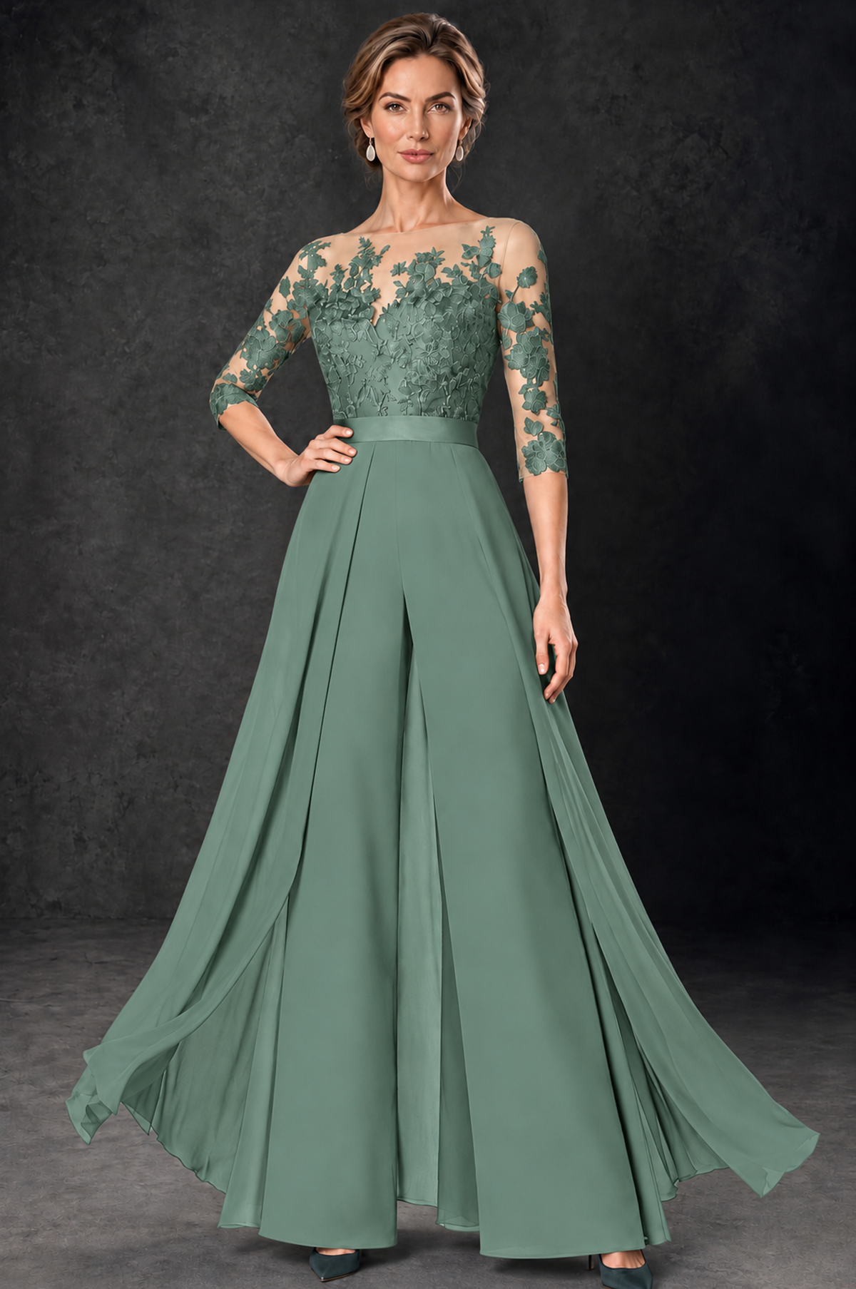 BOLODOO Eucalyptus Lace Wide-Leg Jumpsuit with Three-Quarter Sleeves - Eucalyptus - Eucalyptus_1