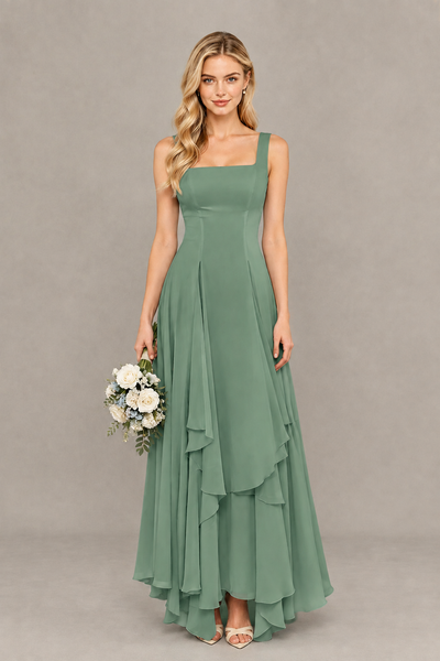BOLODOO Eucalyptus Square Neck Chiffon Bridesmaid Dress with Lace-Up Back - Eucalyptus