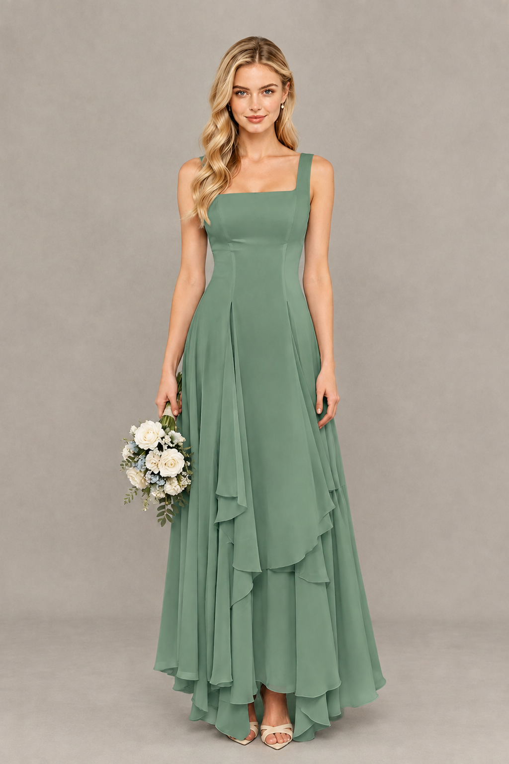 BOLODOO Eucalyptus Square Neck Chiffon Bridesmaid Dress with Lace-Up Back - Eucalyptus