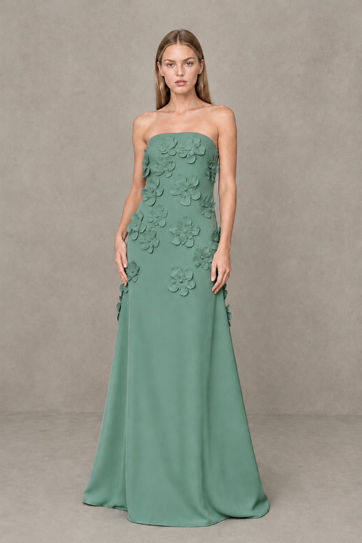 BOLODOO Eucalyptus Strapless 3D Floral Appliqué Crepe Maxi Gown - Eucalyptus - Eucalyptus_1