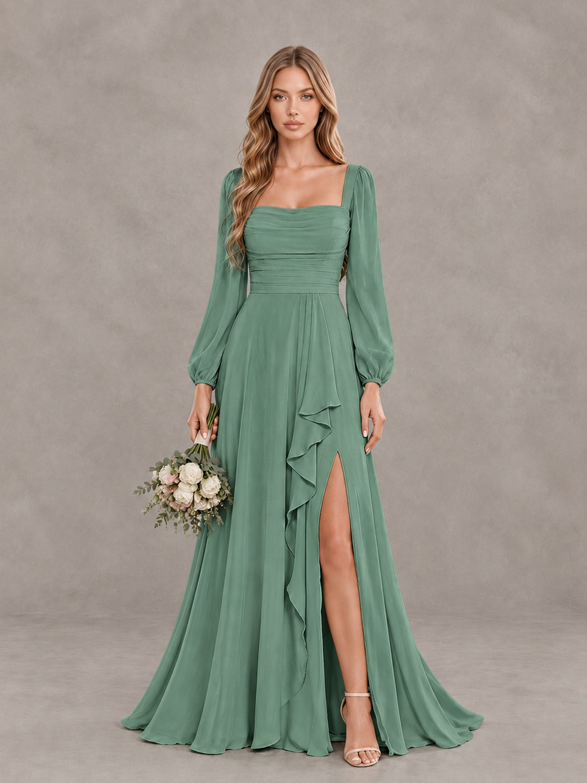 BOLODOO Eucalyptus Square Neck Long Sleeve Bridesmaid Dress with Ruffle Slit - Eucalyptus - Eucalyptus_1