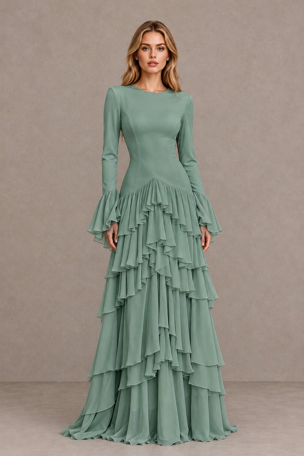Eucalyptus Long Sleeve Tiered Ruffle Evening Gown - Eucalyptus - Eucalyptus_1
