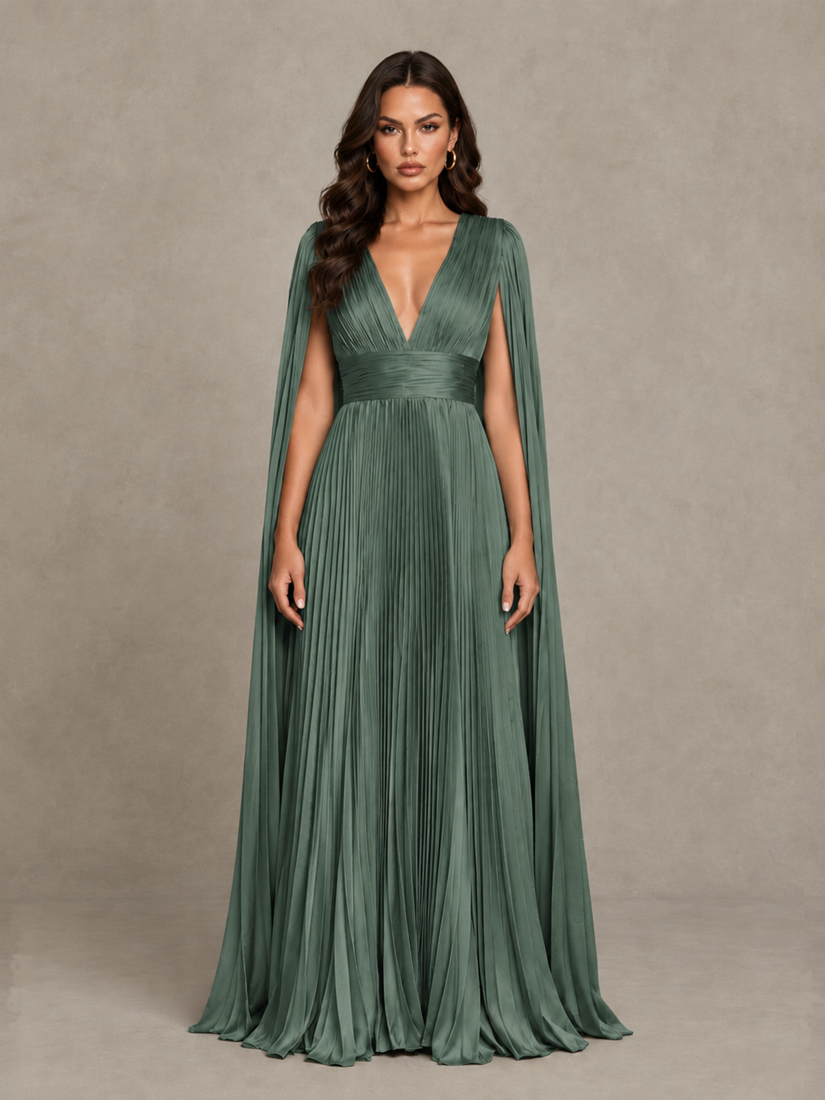 BOLODOO Eucalyptus Deep V-Neck Pleated Cape Sleeve Evening Gown - Eucalyptus - Eucalyptus_1