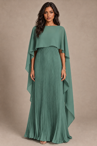 BOLODOO Eucalyptus Pleated Cape A-Line Evening Dress - Eucalyptus - Eucalyptus_1