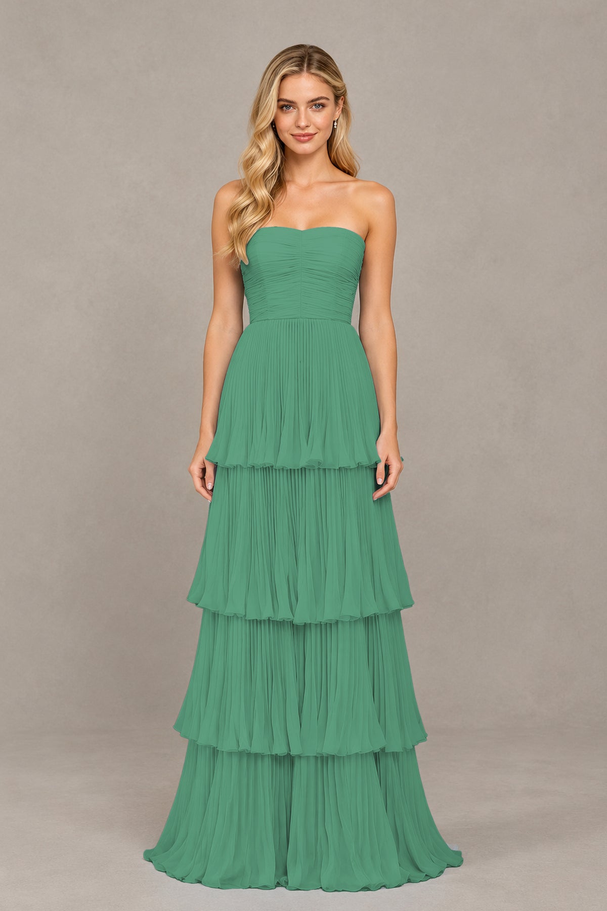BOLODOO Eucalyptus Strapless Tiered Chiffon Maxi Dress - Eucalyptus
