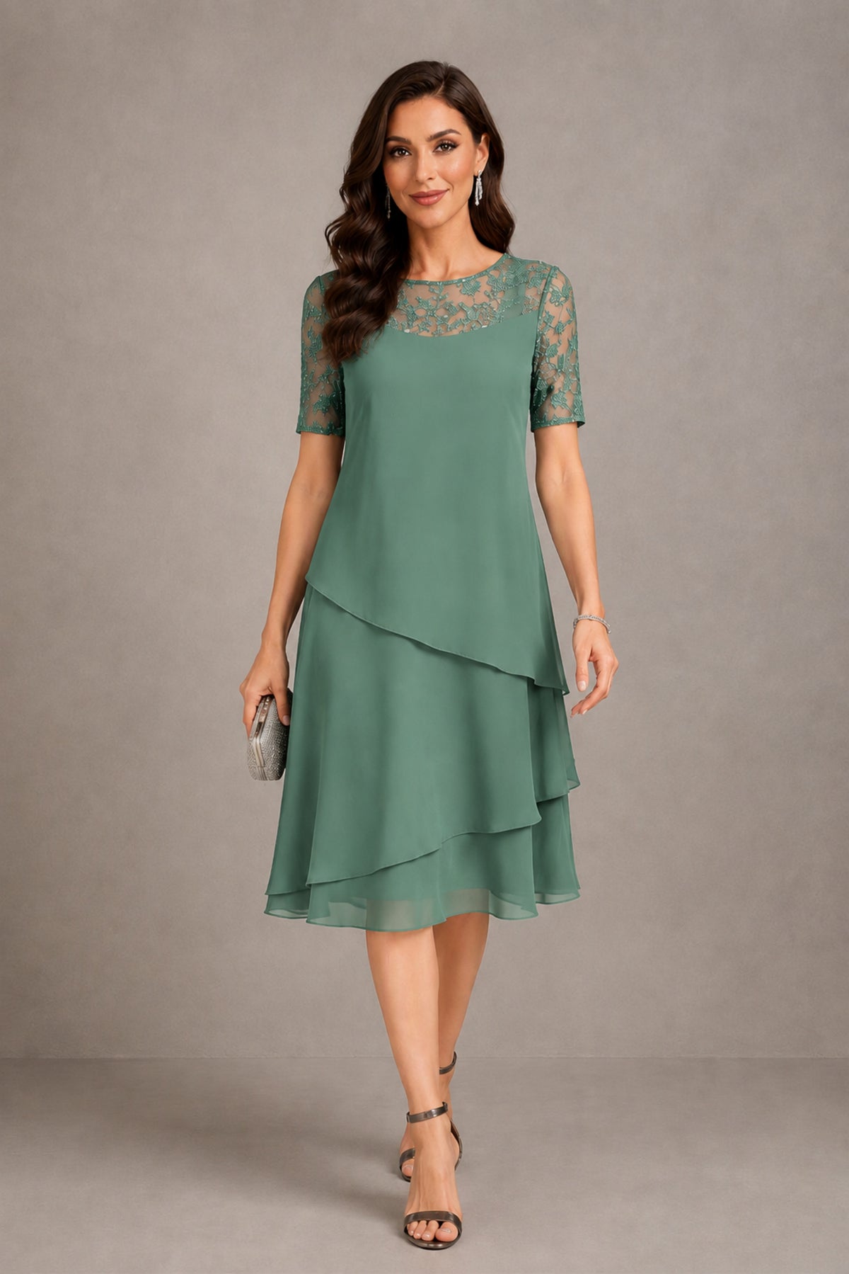 BOLODOO Eucalyptus Illusion Lace Short Sleeve Tiered Chiffon Tea Length Dress | Mother of the Bride Midi Dress - Eucalyptus
