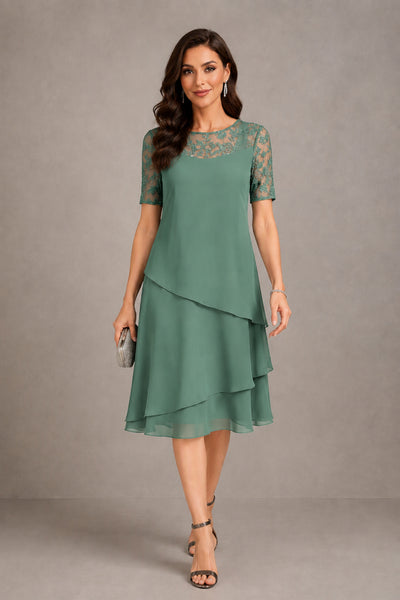 BOLODOO Eucalyptus Illusion Lace Short Sleeve Tiered Chiffon Tea Length Dress | Mother of the Bride Midi Dress - Eucalyptus