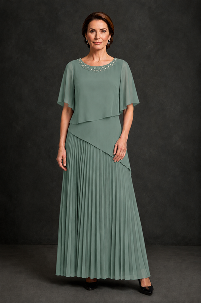 BOLODOO Eucalyptus Pearl Beaded Neck Asymmetric Tiered Flutter Sleeve Pleated Chiffon Maxi Dress - Eucalyptus - Eucalyptus_1