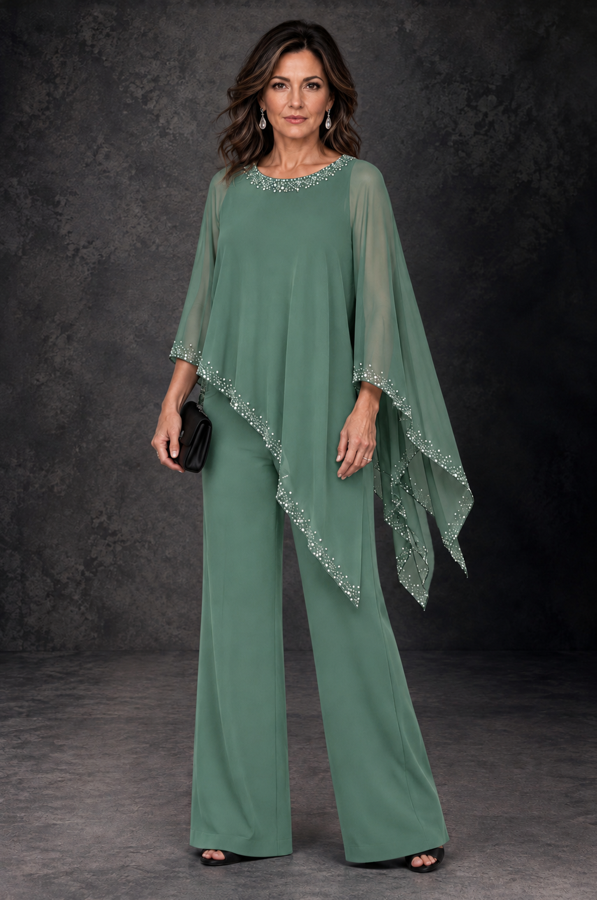 BOLODOO Eucalyptus Embellished Cape Mother of the Bride Pantsuit - Eucalyptus - Eucalyptus_1