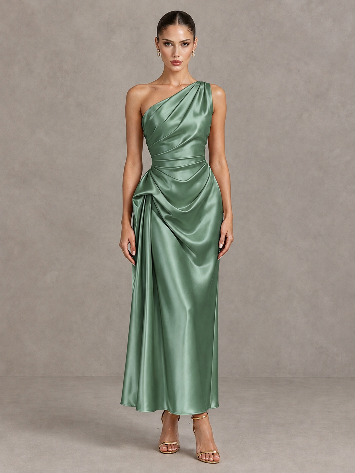 BOLODOO Eucalyptus One Shoulder Satin Cocktail Dress with Draped A-Line Skirt - Eucalyptus - Eucalyptus_1