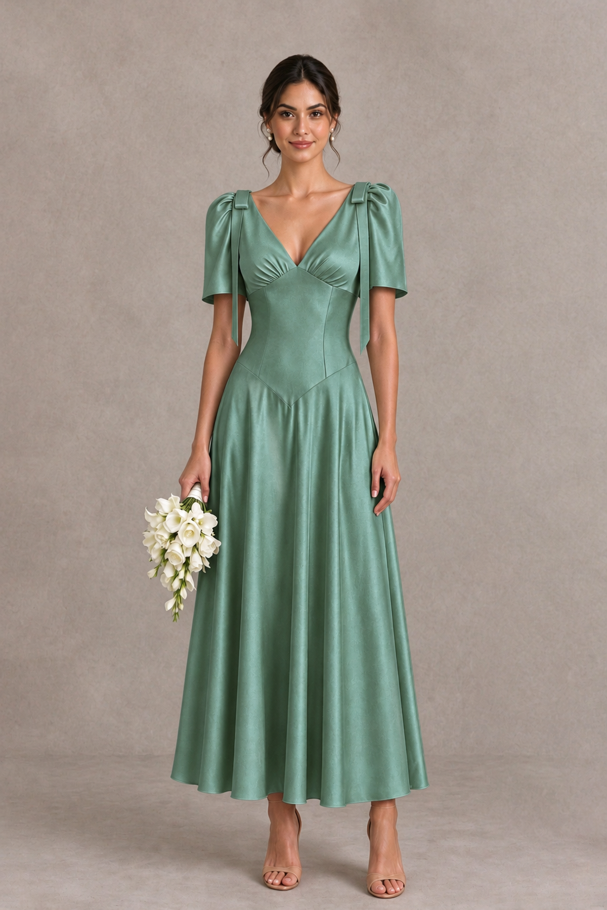 BOLODOO Eucalyptus V-Neck Short Sleeve Satin-Look Bridesmaid Dress with Shoulder Bows - Eucalyptus - Eucalyptus_1