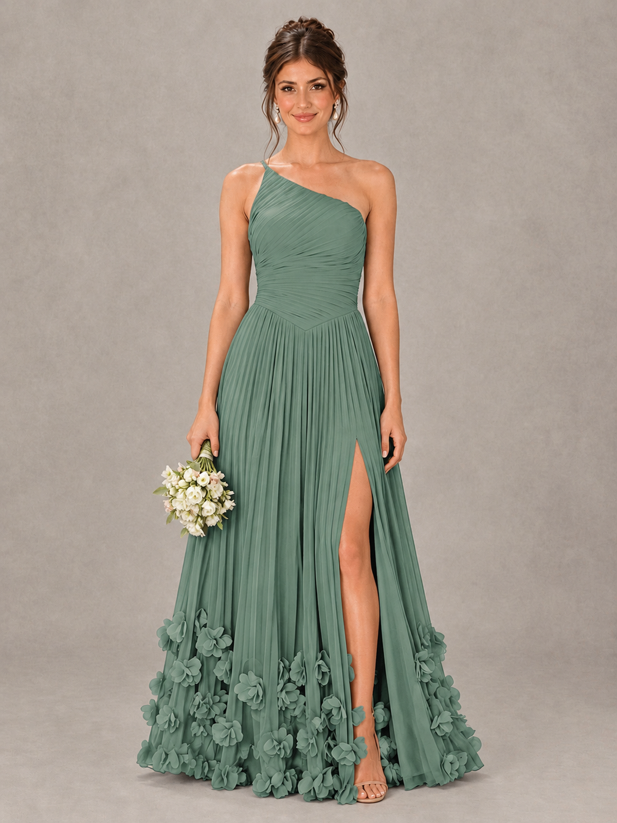 BOLODOO Eucalyptus One-Shoulder Pleated Bridesmaid Dress with 3D Floral Hem - Eucalyptus - Eucalyptus_1