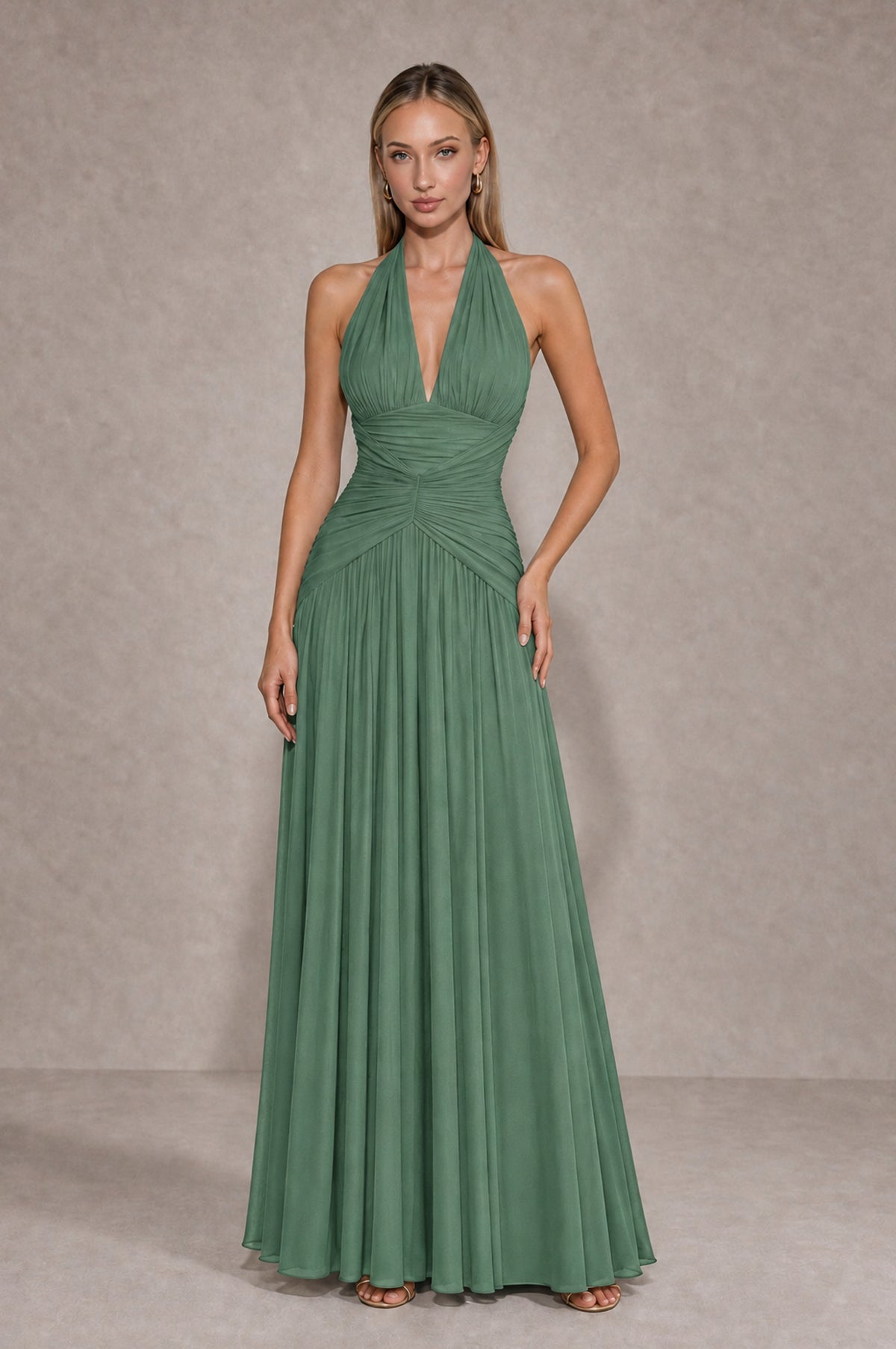 BOLODOO Eucalyptus Chiffon Halter Deep V-Neck Ruched A-Line Backless Maxi Dress with Train-BD0167 - Eucalyptus - Eucalyptus_1