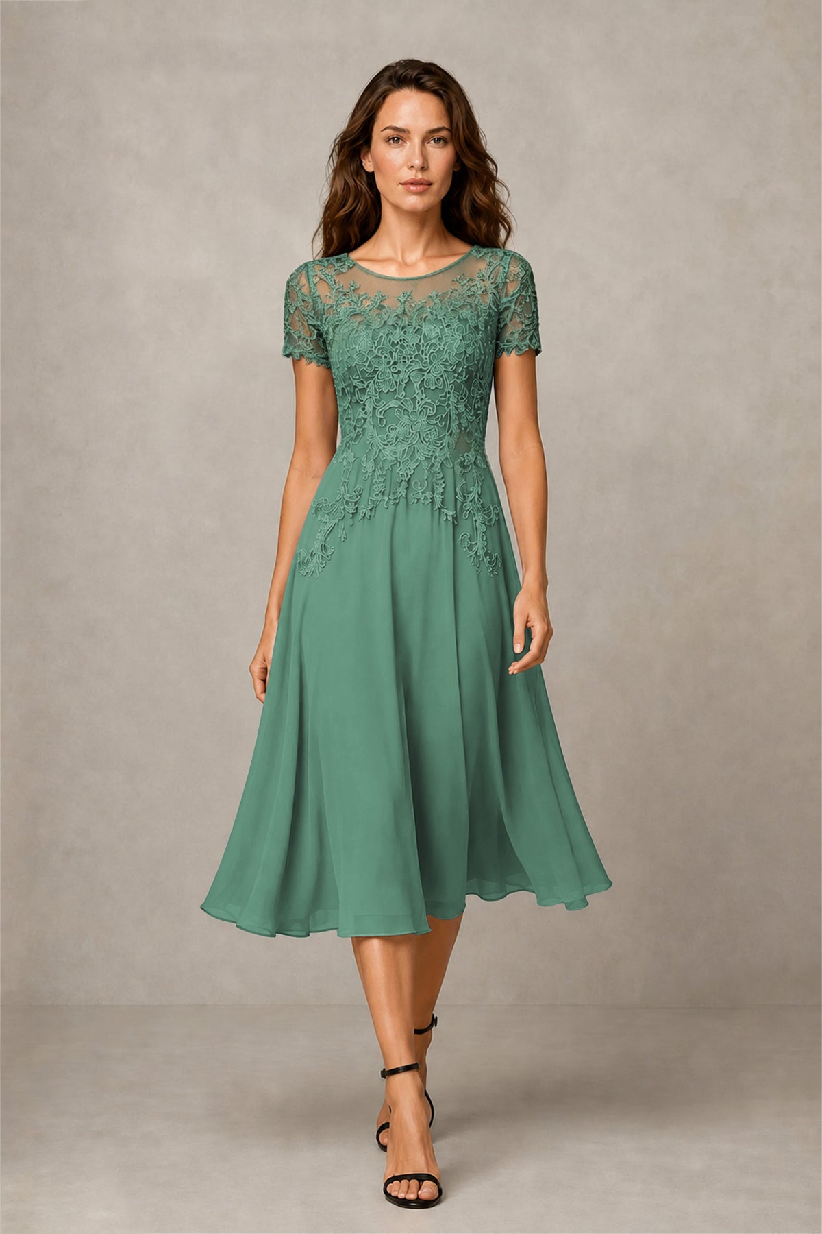 BOLODOO Steel Eucalyptus Beaded Lace Illusion Bodice Chiffon Tea-Length Dress | Mother of the Bride & Cocktail Party - Eucalyptus