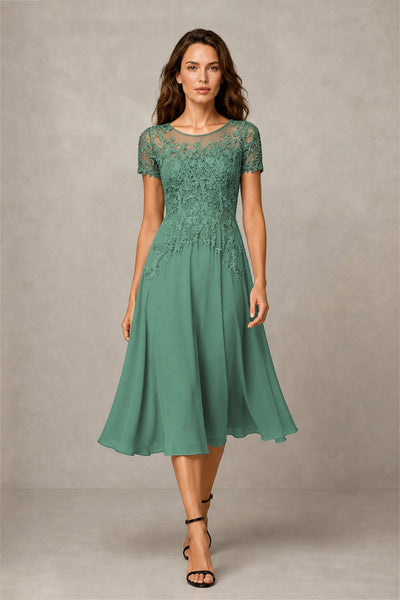 BOLODOO Steel Eucalyptus Beaded Lace Illusion Bodice Chiffon Tea-Length Dress | Mother of the Bride & Cocktail Party - Eucalyptus