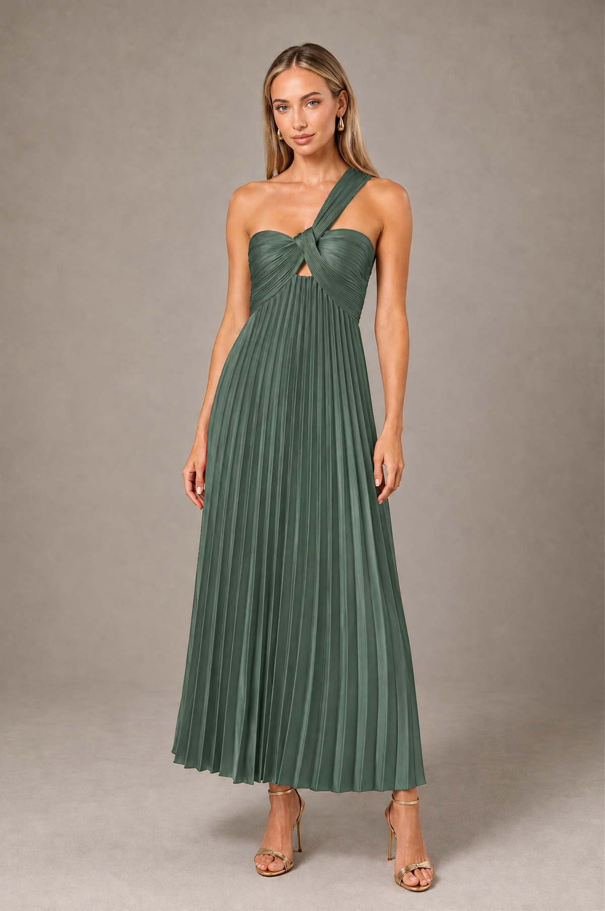 BOLODOO Eucalyptus One-Shoulder Twist Knot Pleated Satin Midi Dress with Cutout - Eucalyptus - Eucalyptus_1