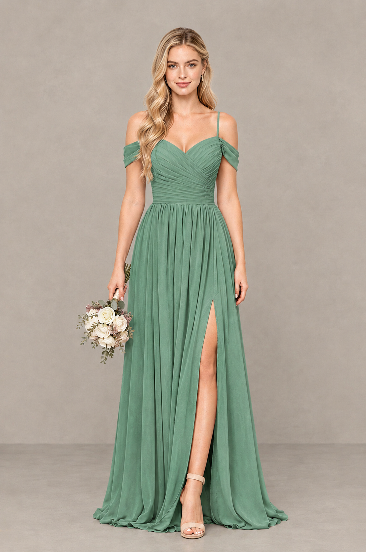 BOLODOO Eucalyptus Off-Shoulder Bridesmaid Dress with Slit - Eucalyptus